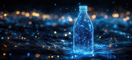 Poster - Futuristic holographic water bottle glowing in digital landscape with sparkling lights.