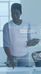 Poster - Analyzing data and discussing project, business colleagues with digital interface animation