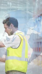 Poster - Animation of financial data processing over caucasian warehouse worker
