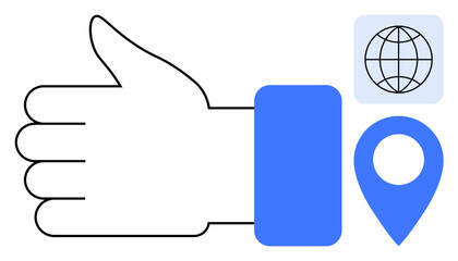 Poster - Thumbs-up hand with blue sleeve, globe, and location pin symbolizes approval, global reach, connectivity, feedback, online networking, geographic focus and digital communication. Ideal