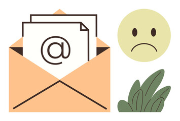 Poster - Envelope with email papers, sad face emoticon, leaf accent. Ideal for digital communication, email management, stress, negative feedback, online communication, frustration simple flat metaphor
