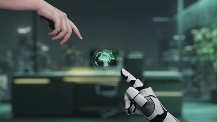 Poster - A human hand reaches towards a robotic hand over a digital representation of the Earth, showcasing recycling symbols in a modern office, emphasizing technology and sustainability. Auvana