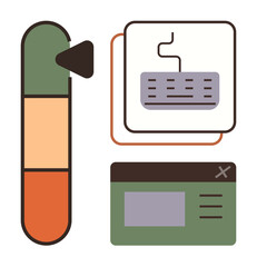 Poster - Vertical volume slider, keyboard outline, text interface panel. Ideal for UI design, UX, technology, productivity, control, customization simple flat metaphor