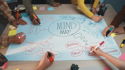 Poster - A collaborative team working together to create a mind map on a large paper sheet, using colorful sticky notes to brainstorm marketing strategies and concepts. SACTR