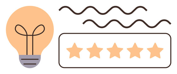 Poster - Lightbulb for creative ideas, five-star rating for excellence and quality, wavy lines for innovation flow. Ideal for creativity, innovation, feedback, quality, idea generation, rating concepts