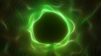 Poster - Circular green vortex made of digital particle streams forming a dense and glowing tunnel