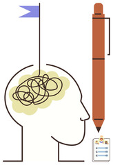Poster - Abstract brain with tangled lines and flag, large pen, checklist with avatars. Ideal for creativity, brainstorming, productivity, focus, mental health, solutions simple flat metaphor