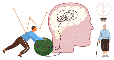 Poster - Man works to unravel tangled yarn inside brain outline, symbolizing mental clarity, with an elderly woman and a lightbulb. Ideal for psychology, mental health, problem-solving, age-related