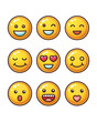 © Rehana - Nine yellow doodle emoji faces with various expressions and black outlines isolated on a transparent background