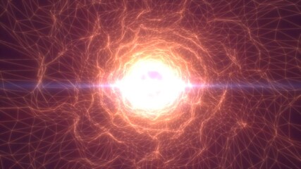 Poster - Abstract golden energy core surrounded by glowing mesh network, creating a tunnel with radiating light beams