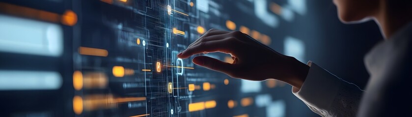 Fototapete - A close-up of a person's hand interacting with a futuristic touchscreen interface, showcasing digital technology and innovation in a sleek, modern environment for business and comm