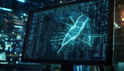 Poster - A close-up view of a computer monitor displaying complex blue digital data and analytics, showcasing technological advancement and modern computing power in a high-tech environment