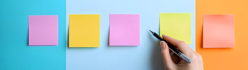 Poster - A close-up view of colorful sticky notes arranged on a desk, with a hand writing on a note