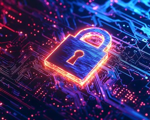 Poster - A digital padlock icon glows amidst vibrant circuits and neon lights, symbolizing cybersecurity and the importance of data protection in the modern tech landscape.