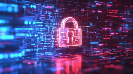 Poster - A digital representation of a padlock icon surrounded by vibrant blue and pink data streams