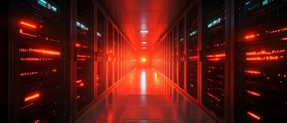 Poster - A futuristic server room illuminated by red lights, showcasing rows of sleek servers. The atmosphere conveys a high-tech environment, perfect for tech-related projects.