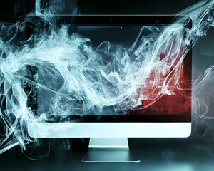 Poster - A modern computer monitor surrounded by swirling smoke, symbolizing technology and innovation