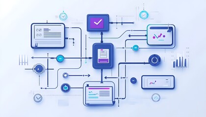 Poster - A modern digital network composed of interconnected devices displaying statistics and analytics, visually representing data flow and interaction in a tech-savvy environment.
