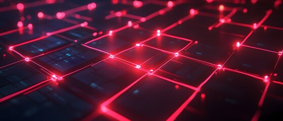 Poster - A vibrant digital background featuring interconnected nodes with glowing red lights, representing modern technology, data flow, and innovation in a futuristic environment.