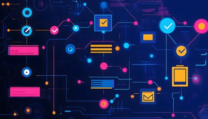 Poster - A vibrant digital network visualization showcasing interconnected nodes and symbols representing communication and technology. Ideal for illustrating data connectivity concepts.