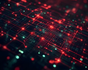 Poster - Abstract representation of a digital network with vibrant red and blue lights. This image showcases the complexity and innovation of modern technology through intricate patterns.