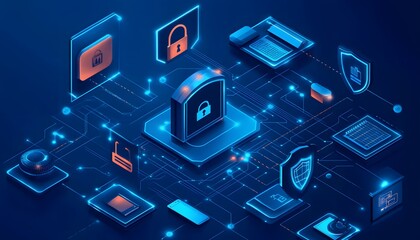 Poster - This digital image represents cybersecurity with various locks, shields, and digital elements, emphasizing the importance of data protection and online safety in modern technology.