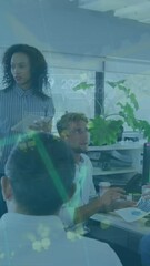 Poster - Animation of green lines, statistics and financial data processing over business people talking