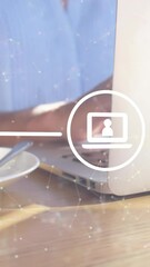 Poster - Animation of icons and connected dots over midsection of caucasian woman using laptop