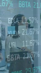 Poster - Animation of trading board, infographic interface, diverse coworkers sharing ideas on digital tablet