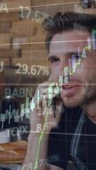Poster - Animation of stock market data processing over caucasian male waiter talking on smartphone at cafe