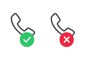 Poster - Accept and decline phone call button icon set. Green check mark for answer and red cross for reject. Incoming call symbol for mobile app and web UI/UX design. Vector.