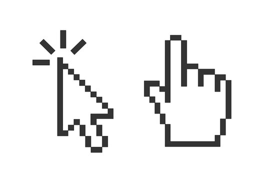 Pixel cursor icons set. Computer mouse pointer hand and arrow. Retro 8-bit click symbol for web design. Vintage select button vector illustration for UI UX interface.