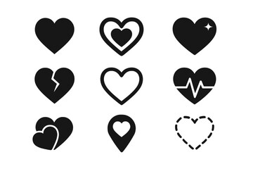 Poster - Heart icons set. Vector symbols for love, romance, health, like, favorite. Collection includes broken heart, heartbeat, and location pin. Modern design for web and print.