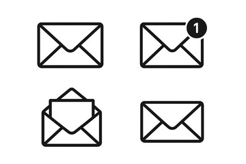 Poster - Mail icon set. Message symbol collection. New message notification badge. Open envelope sign. Simple flat email icons for app, ui, ux, website design element. Line art vector.