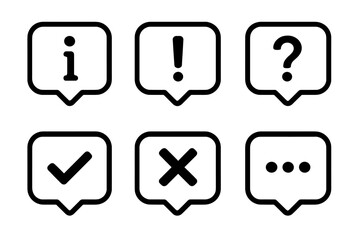 Poster - Web icon set. Pop-up notification. Speech bubble. Info, alert, question, check mark, cross, more options. UI, UX element. App interface button. Vector line icon collection.