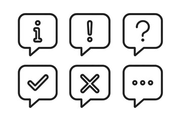 Poster - Modern Speech Bubble Icon Set for App, Web, UI – Information, Alert, Question, Check Mark, Cross, Ellipsis – Minimalist Line Art, Transparent PNG, Vector