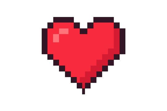 Red pixel heart icon. 8-bit retro video game style love symbol. Pixelated health or life indicator shape for game UI, app, web design. Digital graphic vector element.