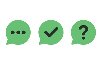 Poster - Chat bubble icon set for web and app UI design. Message symbols with typing dots, check mark for confirmation, and question mark for support or FAQ vector illustration.