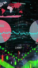 Poster - Animation of multicolored infographic interface, changing numbers against buildings in background