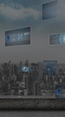 Poster - Animation of round scanners and data processing against aerial view of cityscape