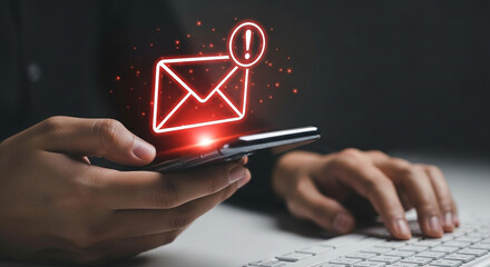 Closeup of a mans hands holding a smartphone with a glowing red email notification icon, indicating new digital correspondence