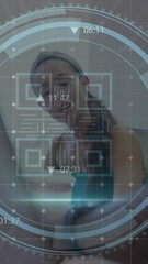 Poster - Animation of cyber security text, barcode, sustainable icon, diverse coworker discussing over laptop