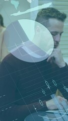 Poster - Animation of infographic interface over thoughtful caucasian man drafting mail on laptop in office