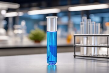 Poster - Blue Liquid in Test Tube with Laboratory Background and Equipment