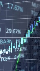 Poster - Animation of multiple graphs and trading board over low angle view of modern buildings against sky