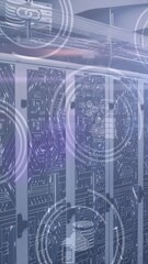 Poster - Animation of digital icons, light spot and microprocessor connections against computer server room