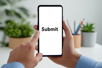 Poster - Hand Touching Smartphone Screen with Submit Text in Modern Office Space