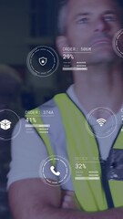 Poster - Animation of data processing against portrait of caucasian male worker smiling at warehouse