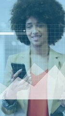 Poster - Animation of statistical data processing against african american woman walking in office corridor