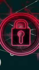 Poster - Animation of padlock, network of connections with icons and data processing over screens